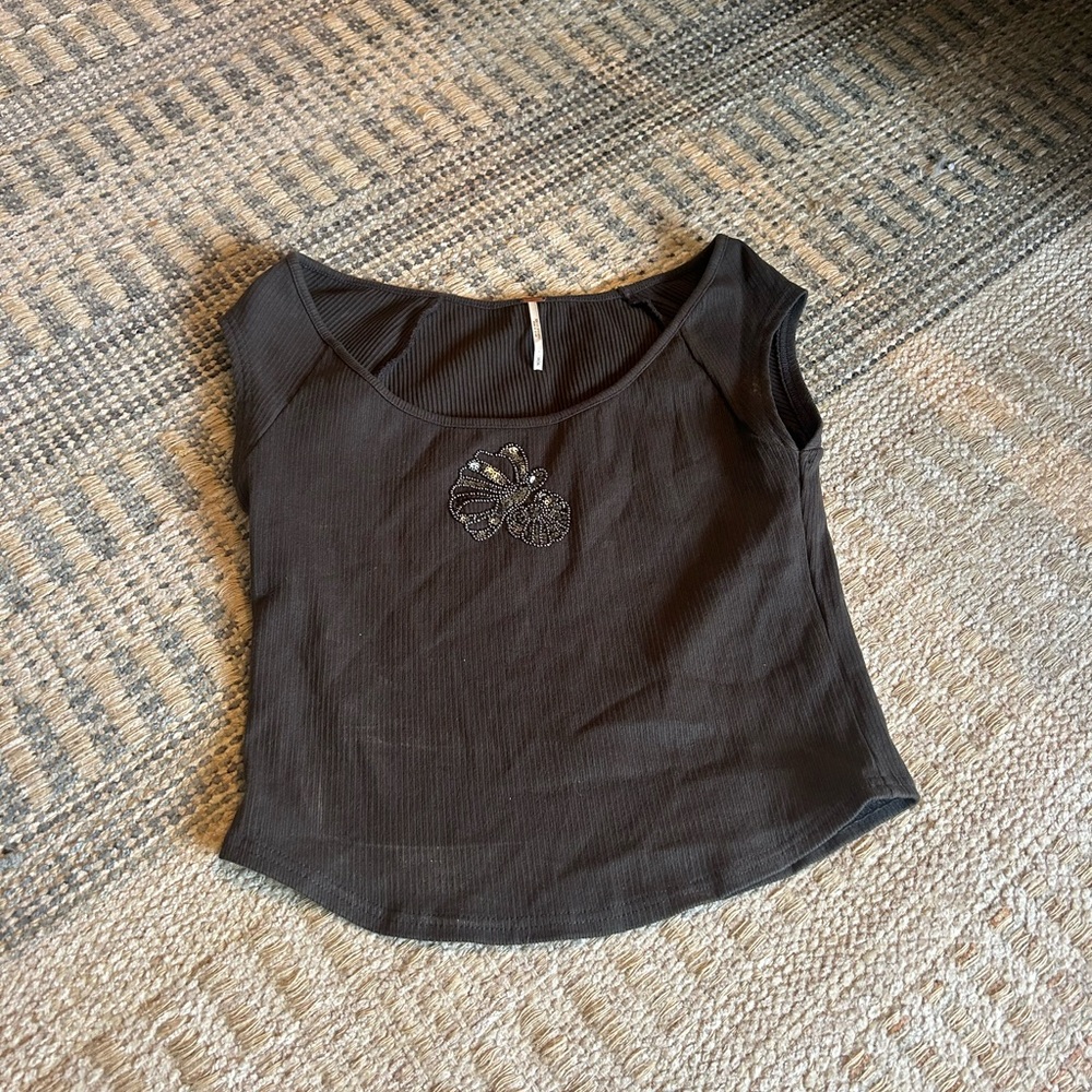 Free People Black Ribbed Tank Top with Embroidery
